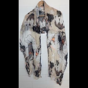 Sheer Abstract Floral Print Scarf – Neutral Peach & Black Tones